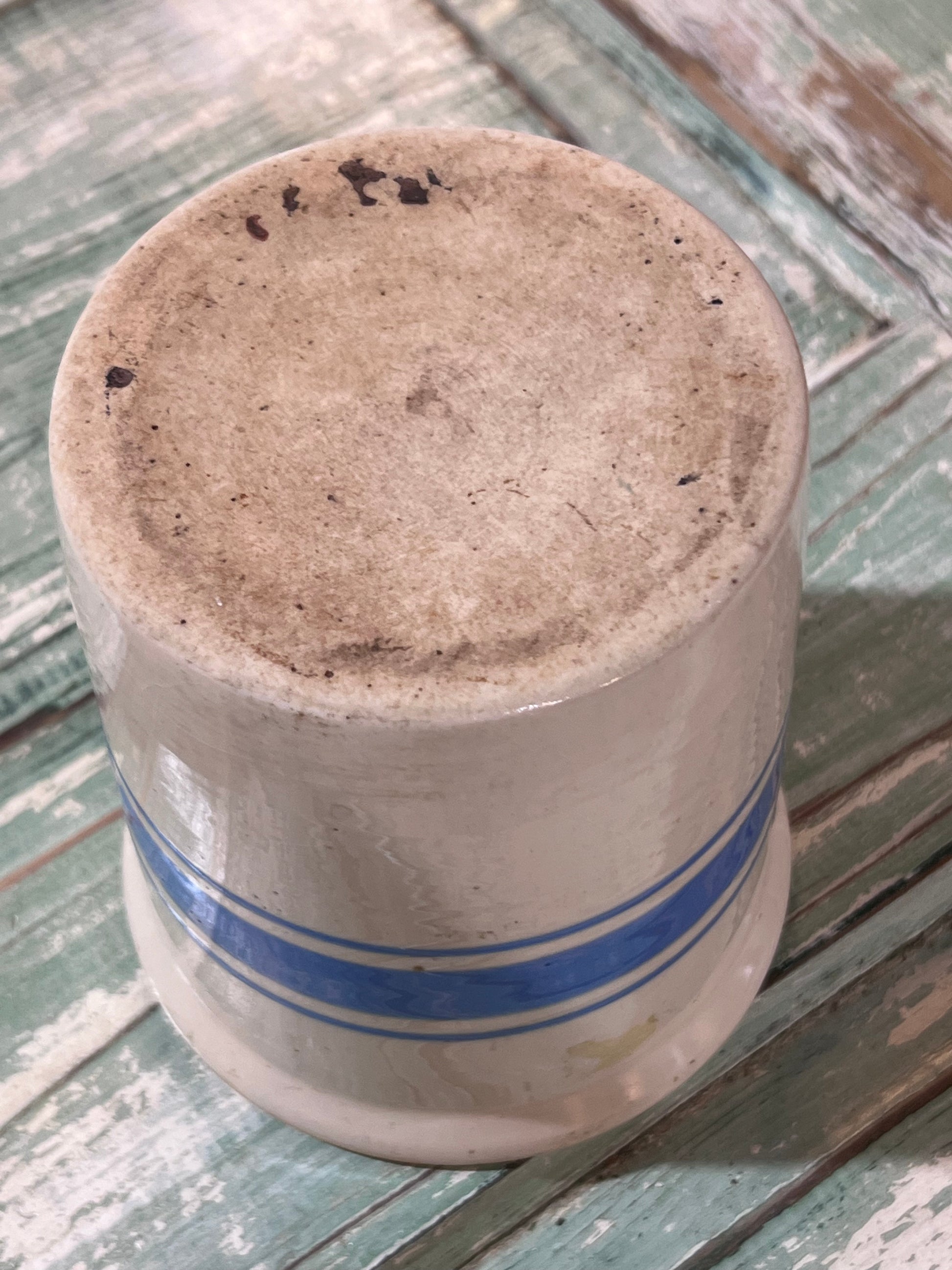 Vintage Glazed Grain Sack Light Blue Striped Butter Crock