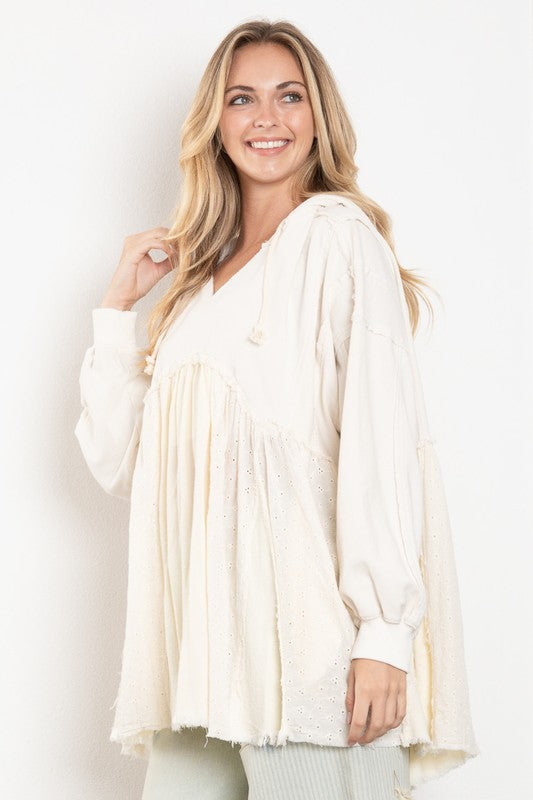 WASHED MULTI FABRIC LAYERED HOODIE TOP