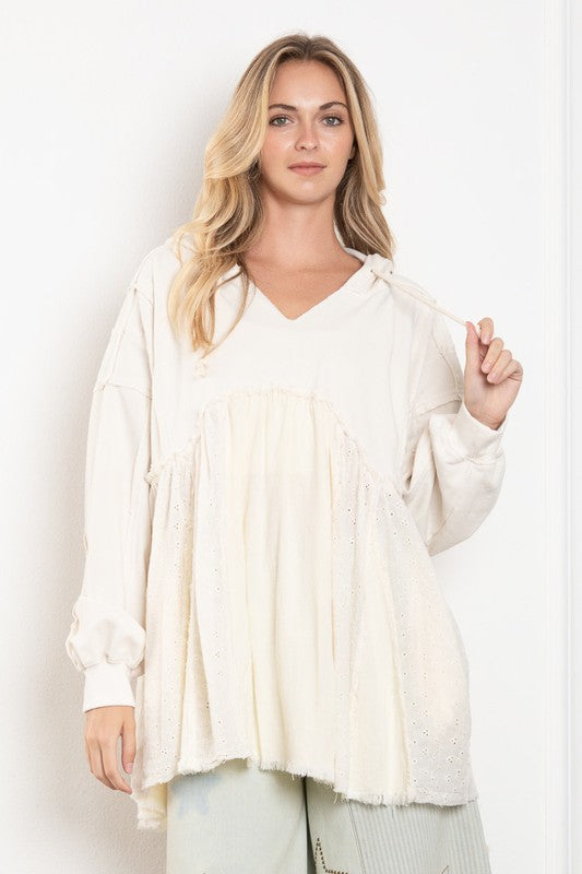 WASHED MULTI FABRIC LAYERED HOODIE TOP