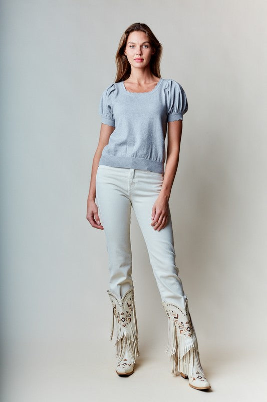 Gray Scallop Edge Puff Sleeve Crop Knit Sweater