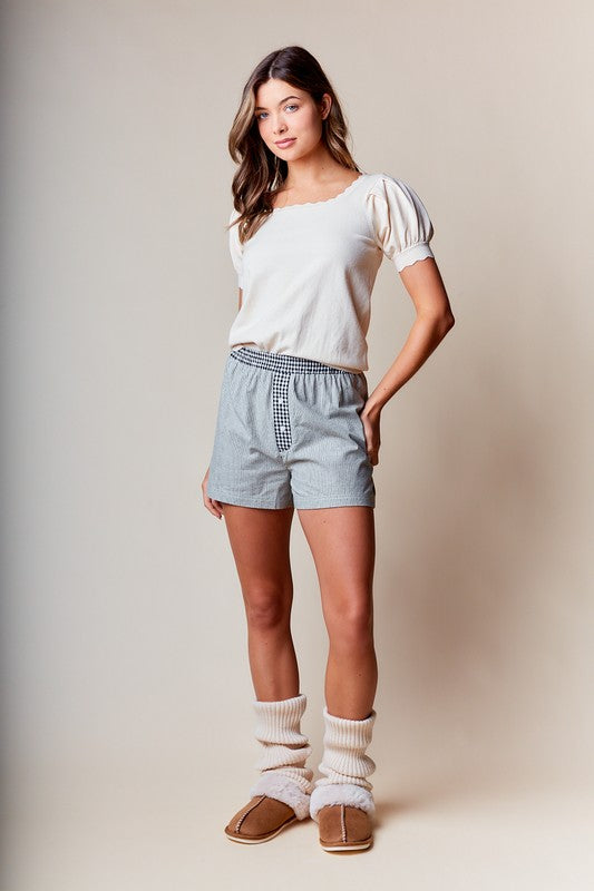 Beige Scallop Edge Puff Sleeve Crop Knit Sweater