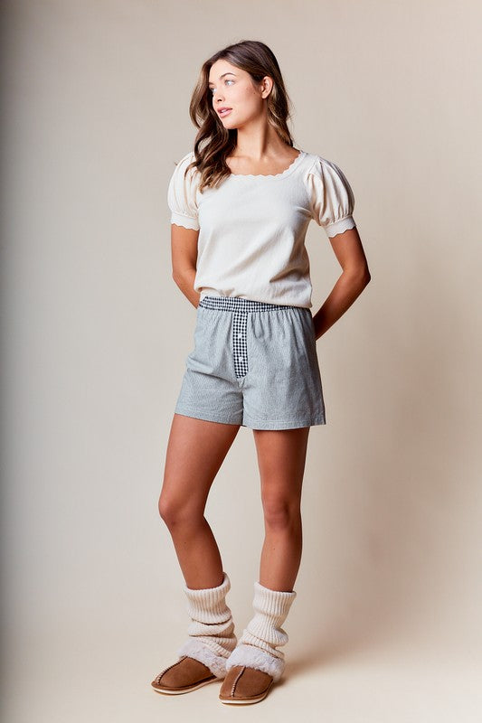 Beige Scallop Edge Puff Sleeve Crop Knit Sweater