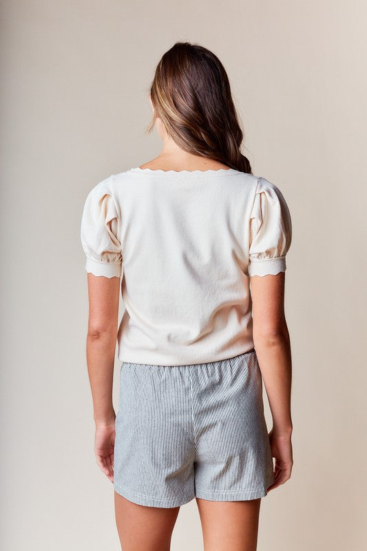 Beige Scallop Edge Puff Sleeve Crop Knit Sweater
