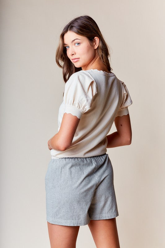 Beige Scallop Edge Puff Sleeve Crop Knit Sweater