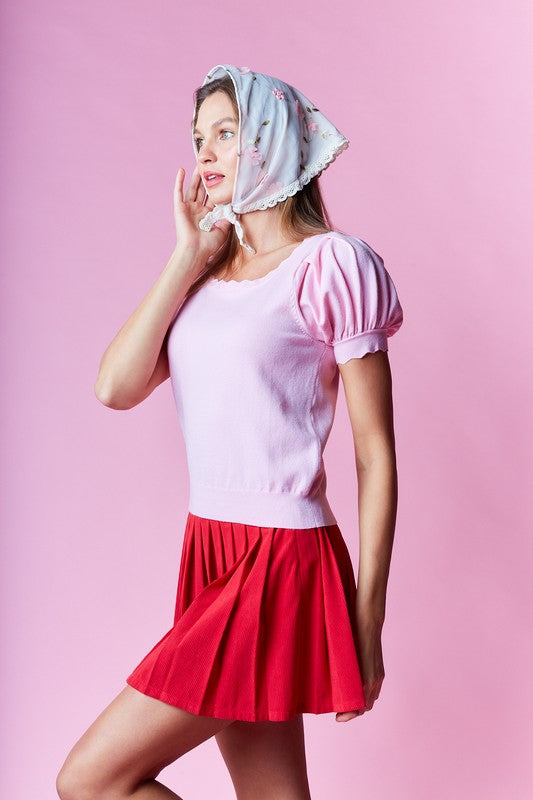 Pink Scallop Edge Puff Sleeve Crop Knit Sweater