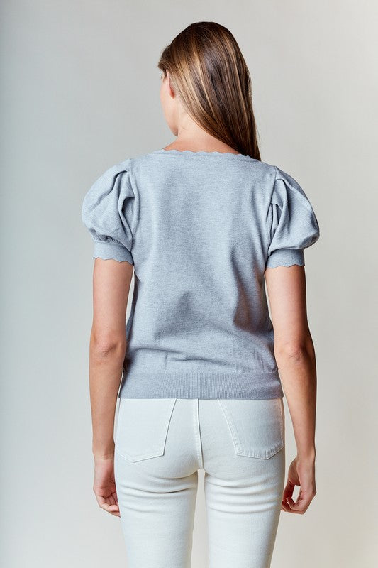 Gray Scallop Edge Puff Sleeve Crop Knit Sweater