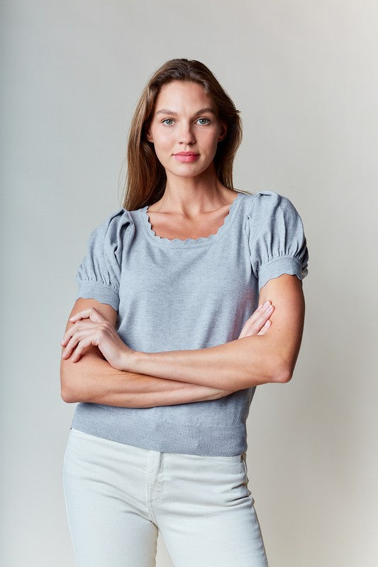 Gray Scallop Edge Puff Sleeve Crop Knit Sweater