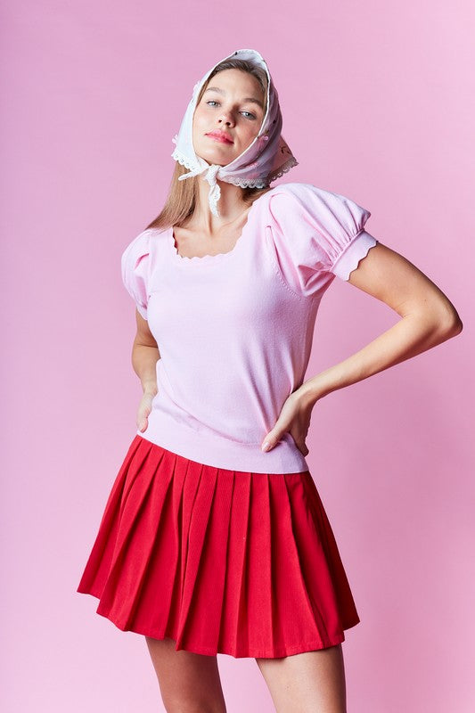 Pink Scallop Edge Puff Sleeve Crop Knit Sweater