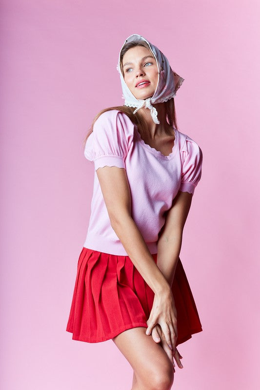Pink Scallop Edge Puff Sleeve Crop Knit Sweater