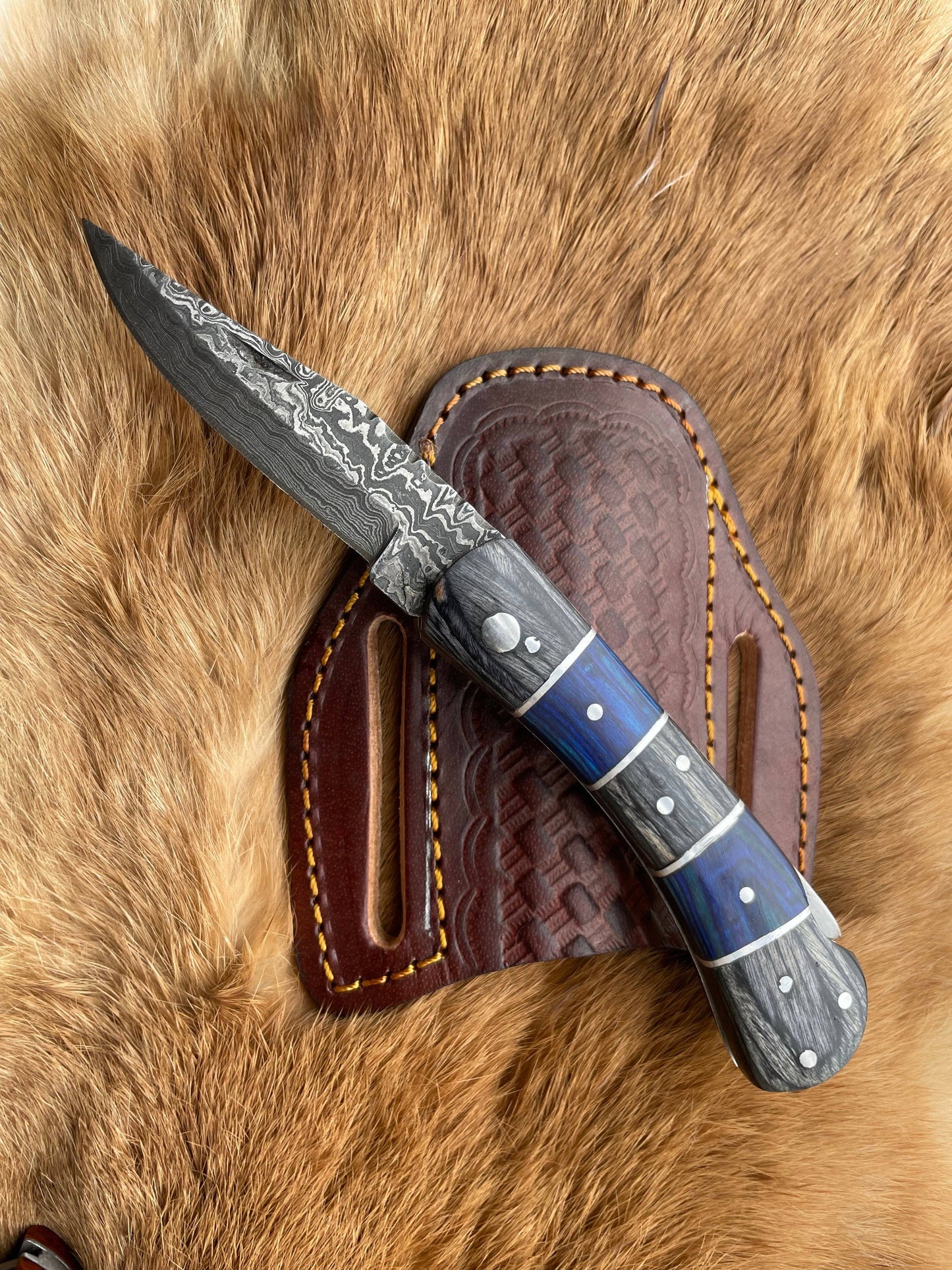 POCKET KNIFE Grey and Blue WOOD 6.5'' DAMASCUS STEEL KNI