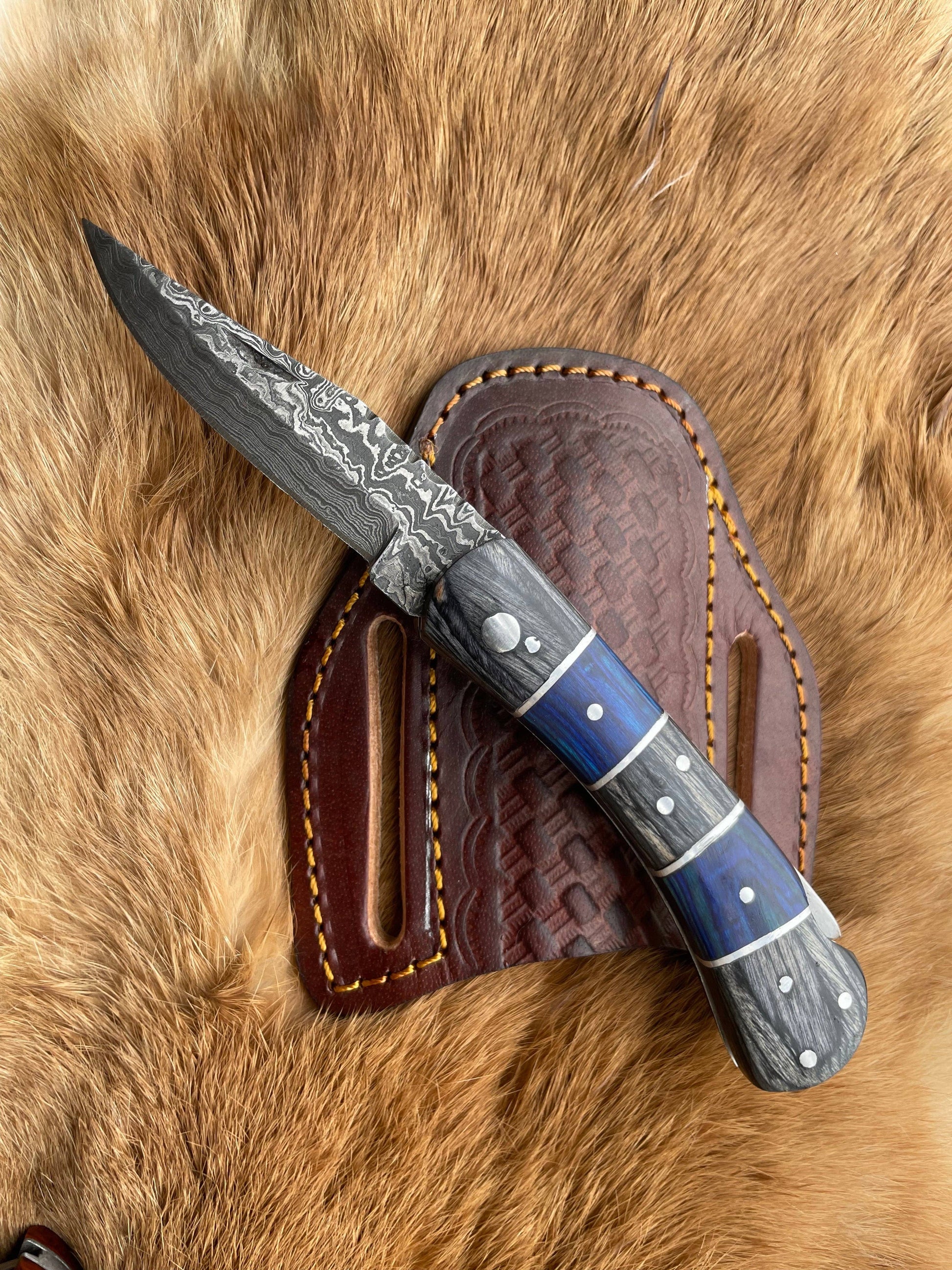 POCKET KNIFE Grey and Blue WOOD 6.5'' DAMASCUS STEEL KNI