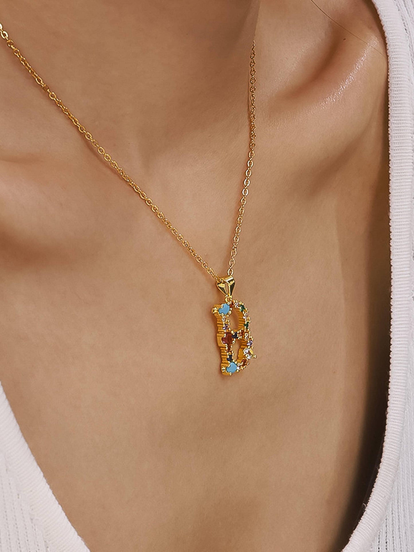 Salomé 18K Gold Non-Tarnish Colorful CZ Initial Necklace: Multi-Colored / M