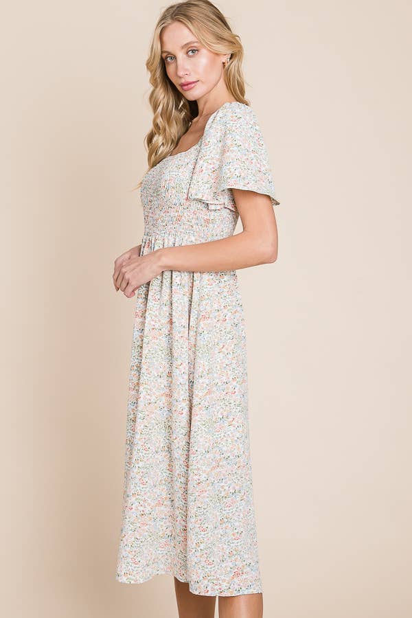 Floral Print Butterfly Sleeve Square Neck Smocked Midi Dress: CREAM