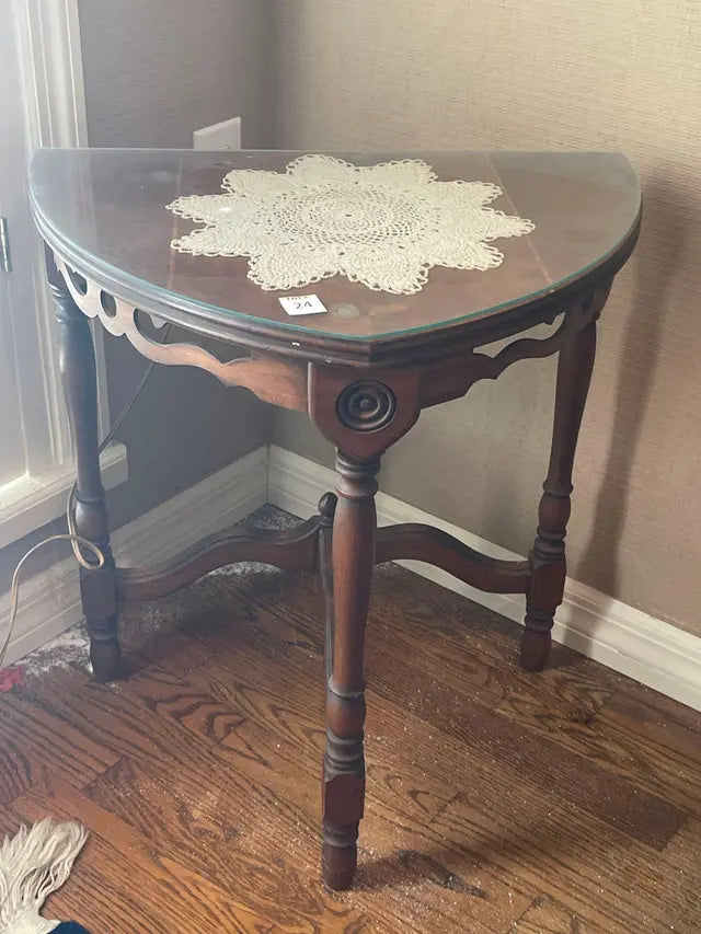 Antique Demilune Console Table with Glass Top – Ornate Carved Detail