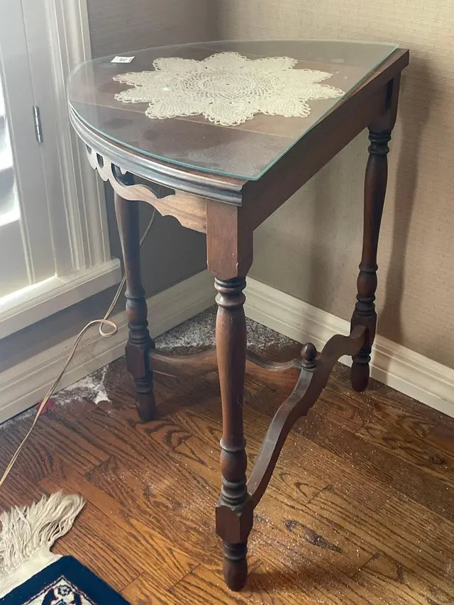 Antique Demilune Console Table with Glass Top – Ornate Carved Detail