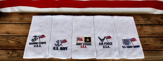 24″x15″ Cotton Kitchen Towel with Military Embroidery: Coast Guard - The Mustard Seed Collection, The Seed