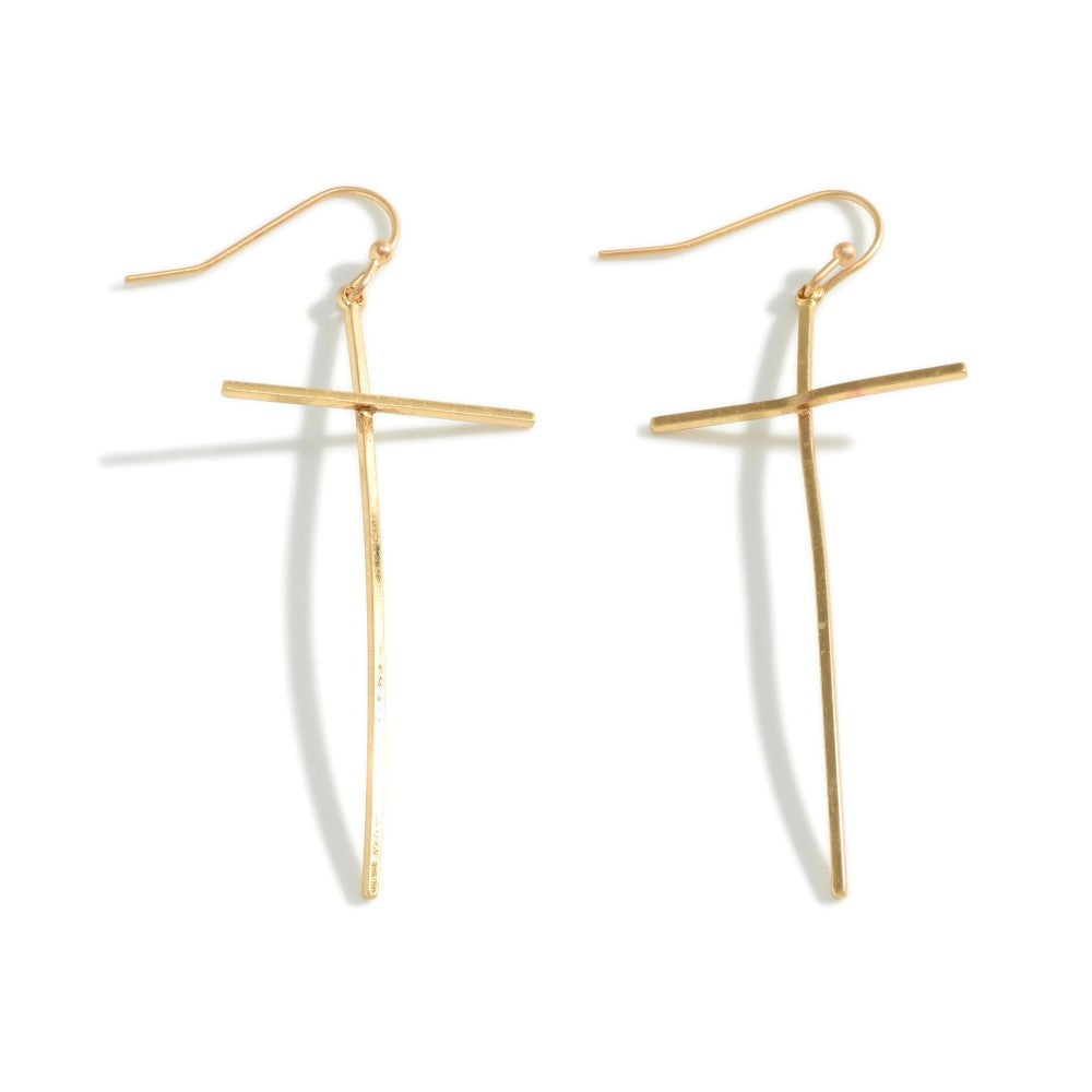 Dainty Plated Brass Metal Tone Curved Cross Earrings Gold