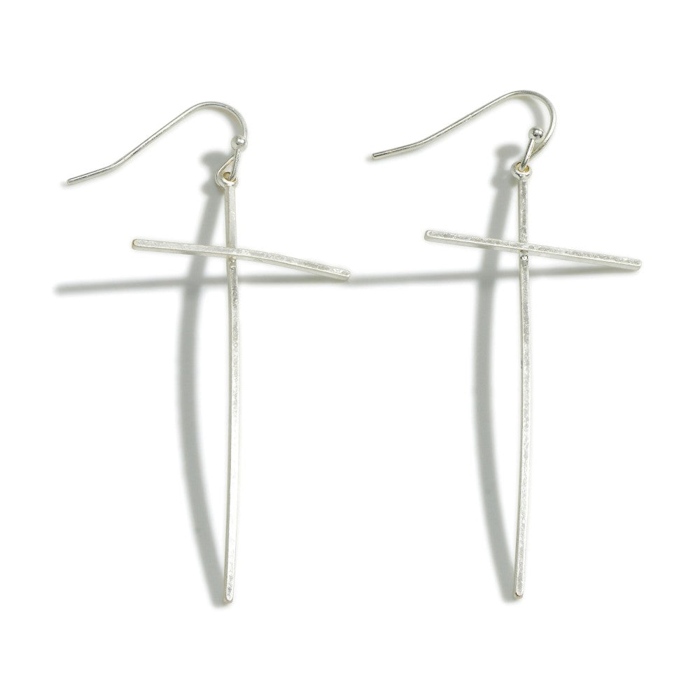 Dainty Plated Brass Metal Tone Curved Cross Earrings Silver