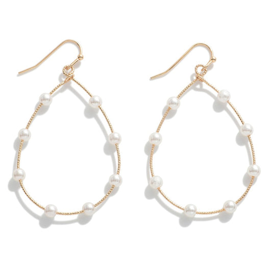 Metal Teardrop Drop Earrings Featuring Pearl Accents Gold
