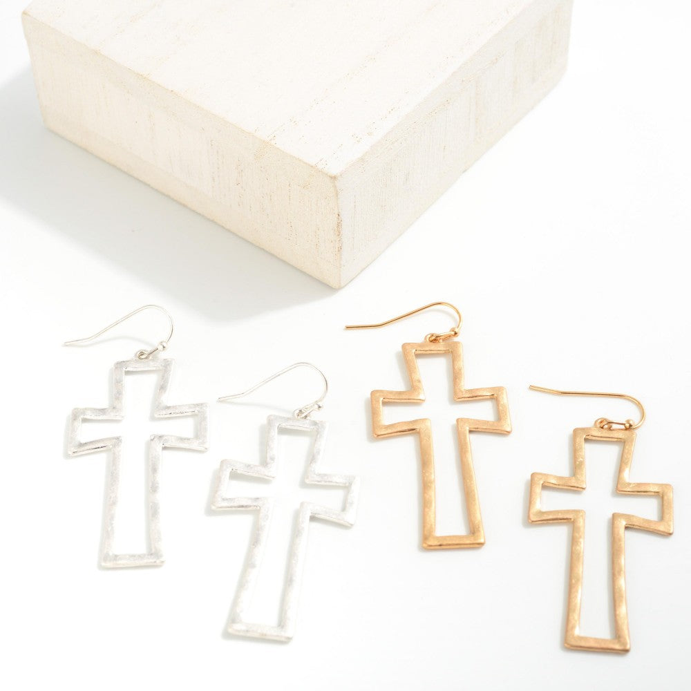 Metal Cross Drop Earrings Gold