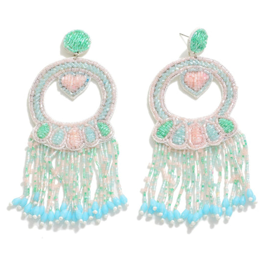 Pastel Statement Seed Beaded Tassel Drop Earrings With Heart Accent