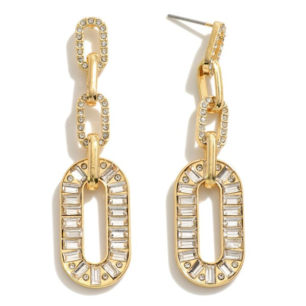 Rhinestone Studded Tapered Chain Link Drop Earrings Gold