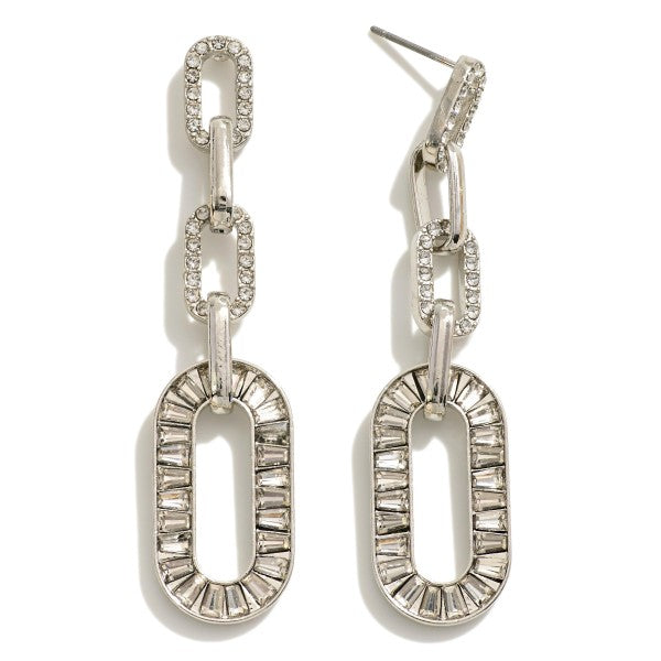 Rhinestone Studded Tapered Chain Link Drop Earrings Silver
