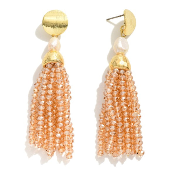 Gold Tone Pearl Drop Earrings With Beaded Tassel Details Champagne
