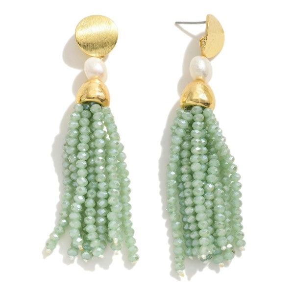 Gold Tone Pearl Drop Earrings With Beaded Tassel Details Light Blue
