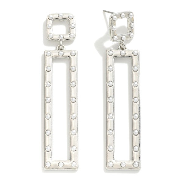 Rectangular Metal Drop Earrings With Pearl Stud Details Silver