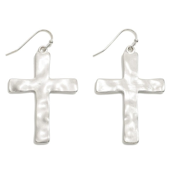Hammered Metal Cross Drop Earrings Silver