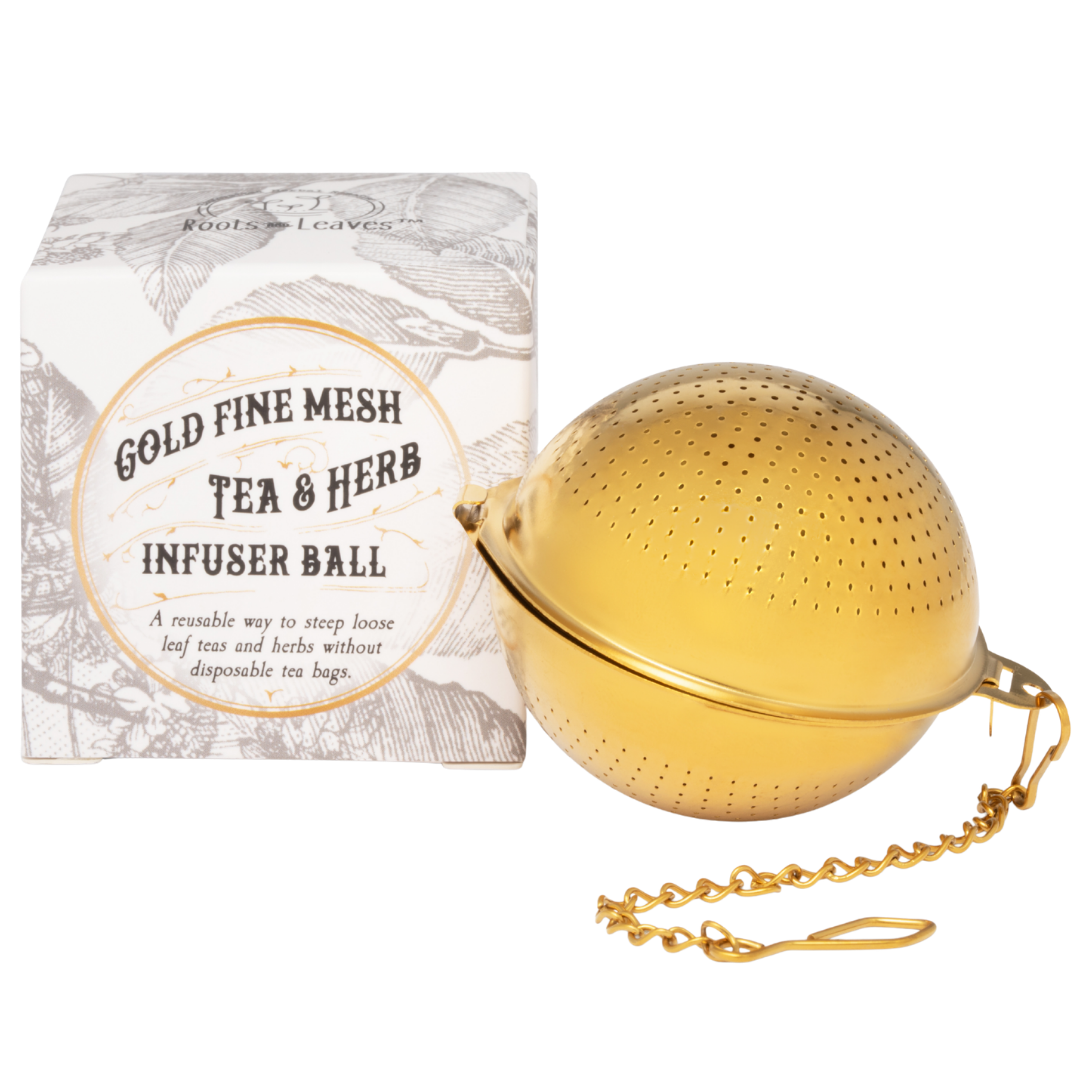 Gold Fine Mesh Tea & Herb Infuser Ball with chain Roots And Leaves