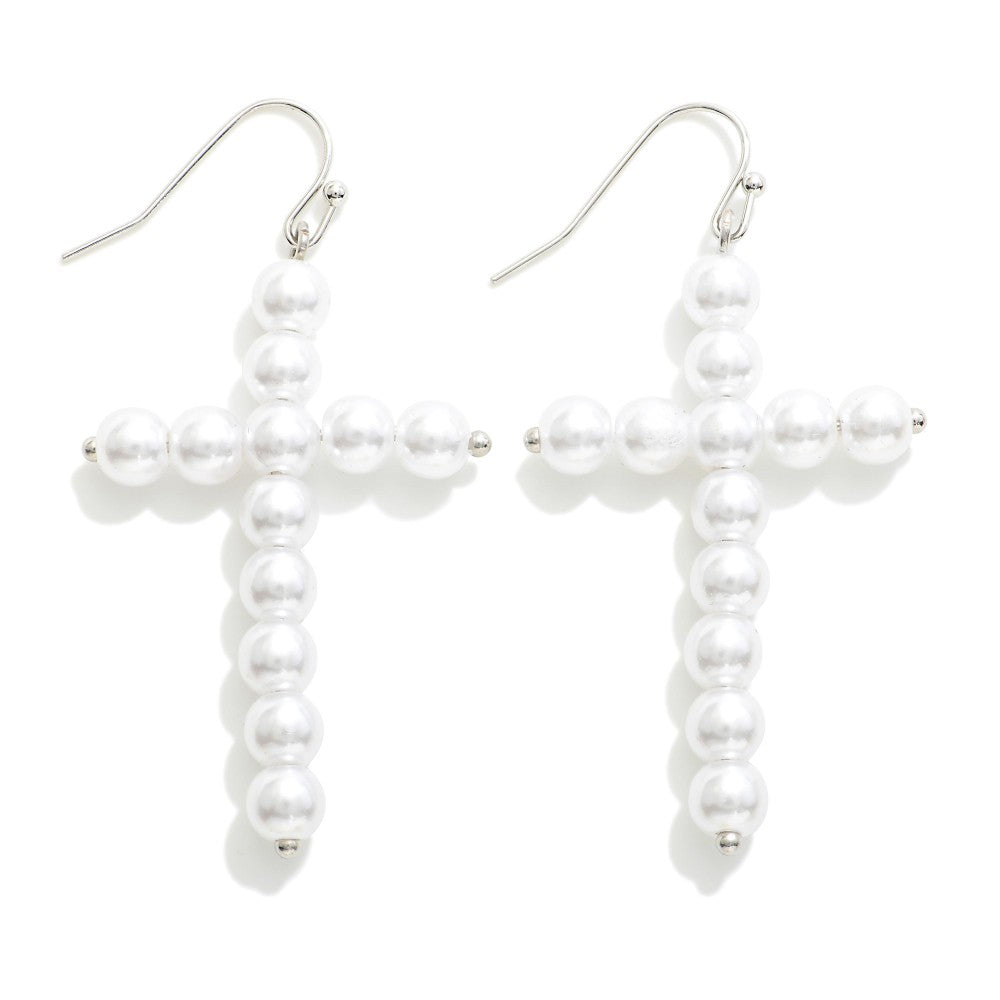 Pearl Beaded Cross Drop Earrings White