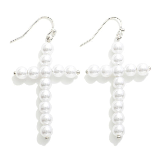 Pearl Beaded Cross Drop Earrings White