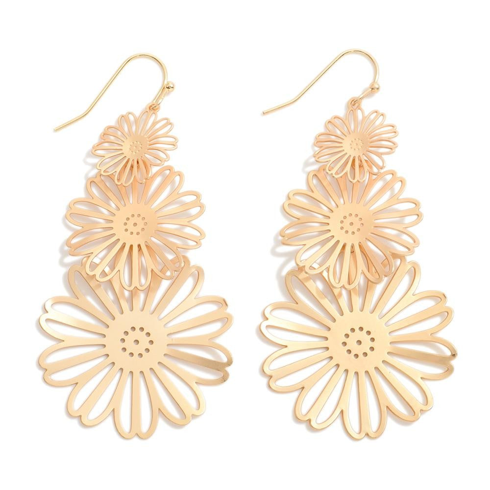 Metal Tone Linked Flower Drop Earrings Gold Gold