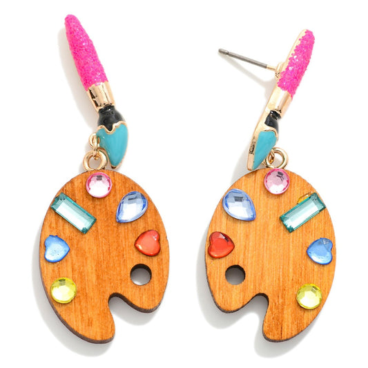 Wooden Painter's Palette Post Drop Earrings Featuring Metal Paint Brush Post