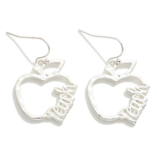 Hammered Metal Apple 'Teach' Drop Earrings Silver Tone