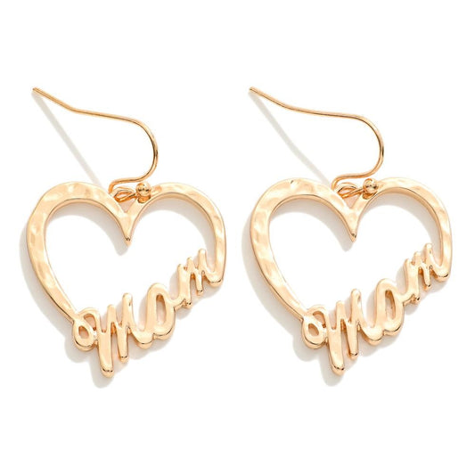 Hammered Metal Heart 'Mom' Drop Earrings Gold Tone