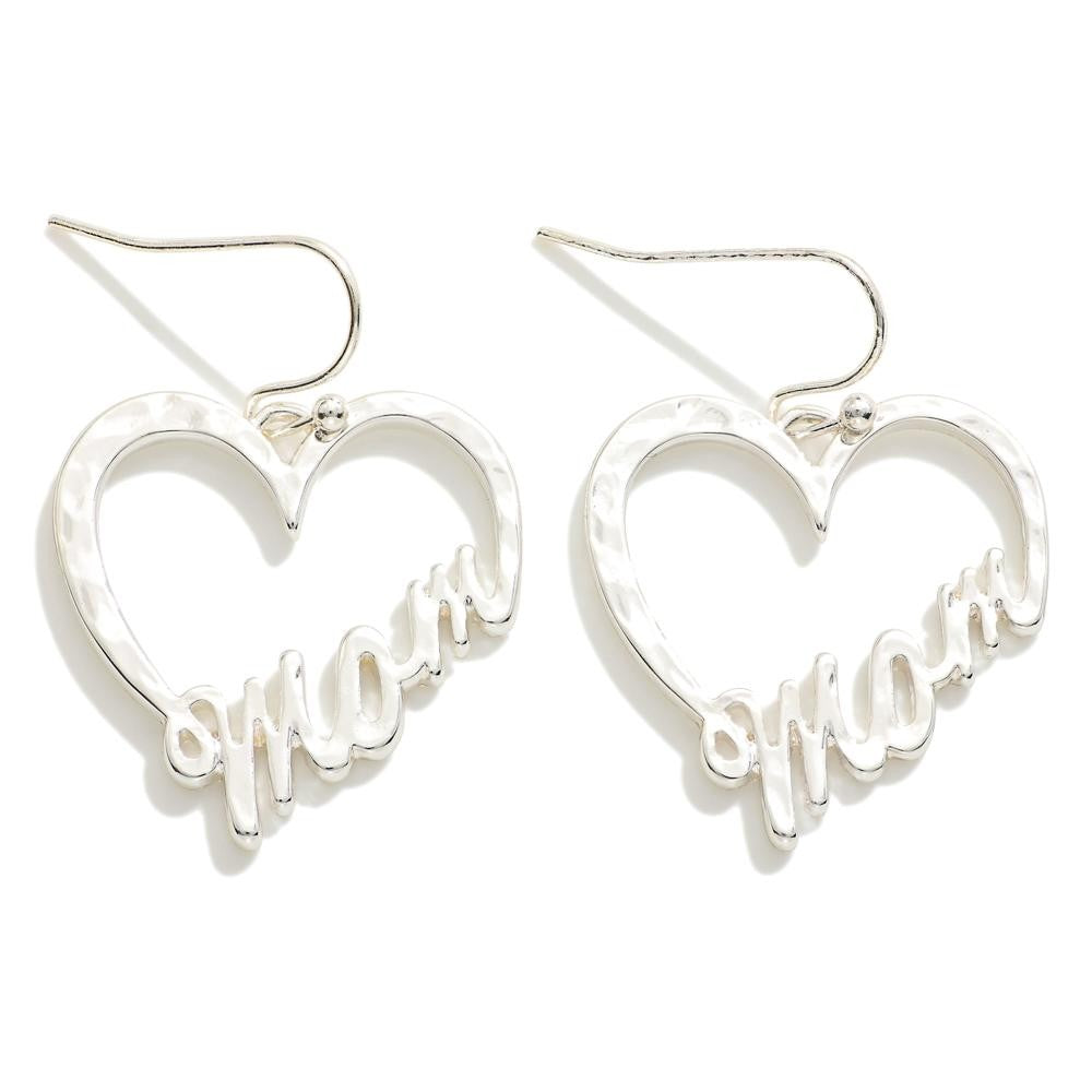 Hammered Metal Heart 'Mom' Drop Earrings Silver Tone