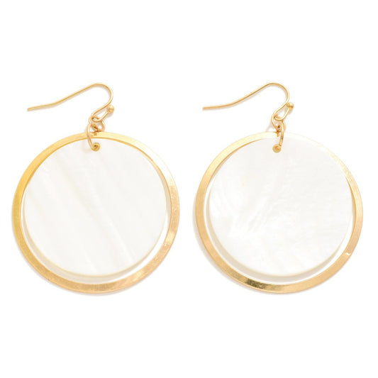 Pearlescent Disc and Gold Tone Hoop Drop Earrings