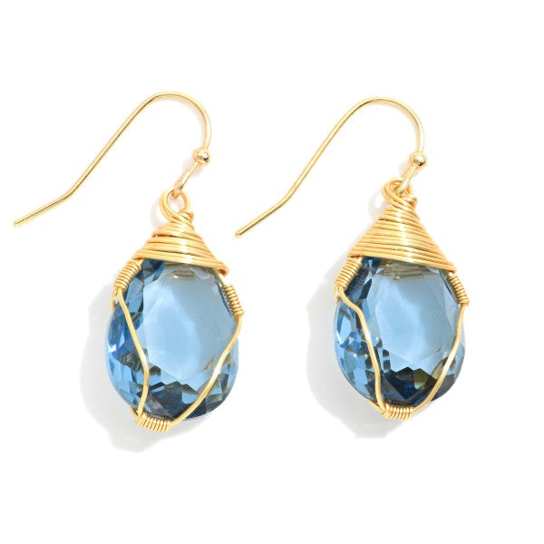 Blue Wire Wrapped Glass Crystal Drop Earrings Blue