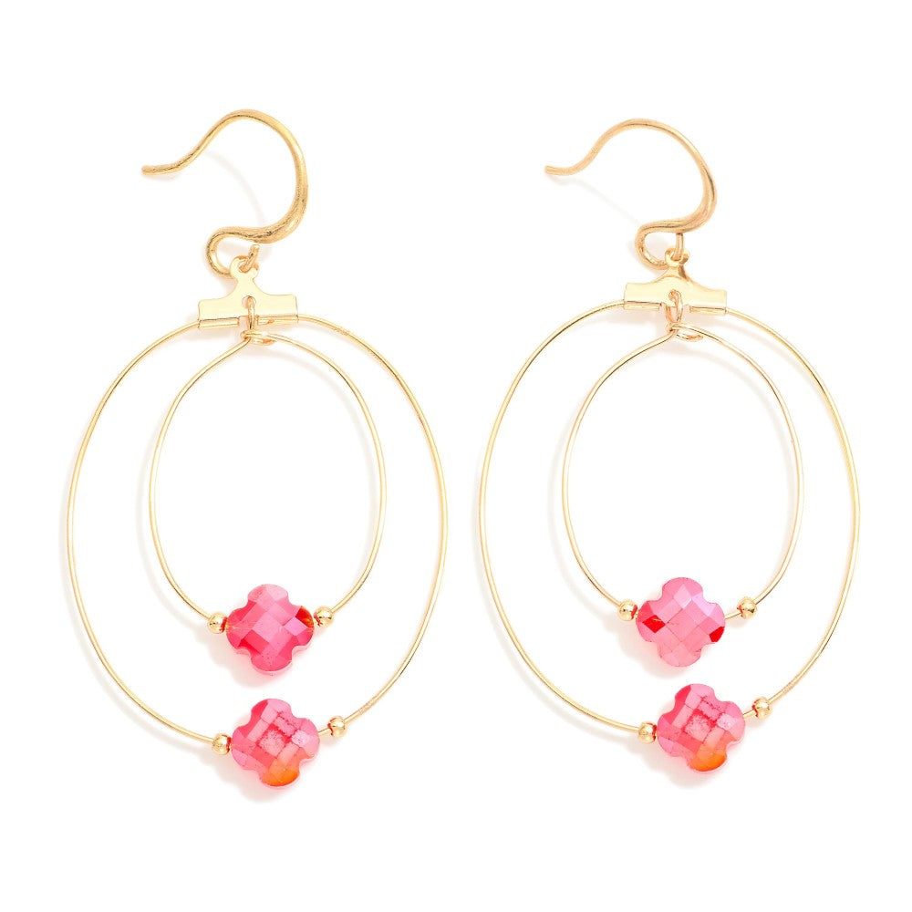 Concentric Glass Crystal Clover Beaded Loops Drop Earrings Red