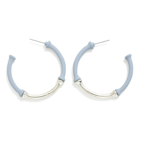 Grey Matte Coated Metal Bamboo Hoop Earrings Grey