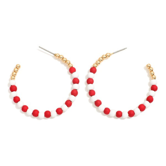 Red and White Candy Cane Beaded Hoop Earrings Featuring Matte & Gold Beads Red White