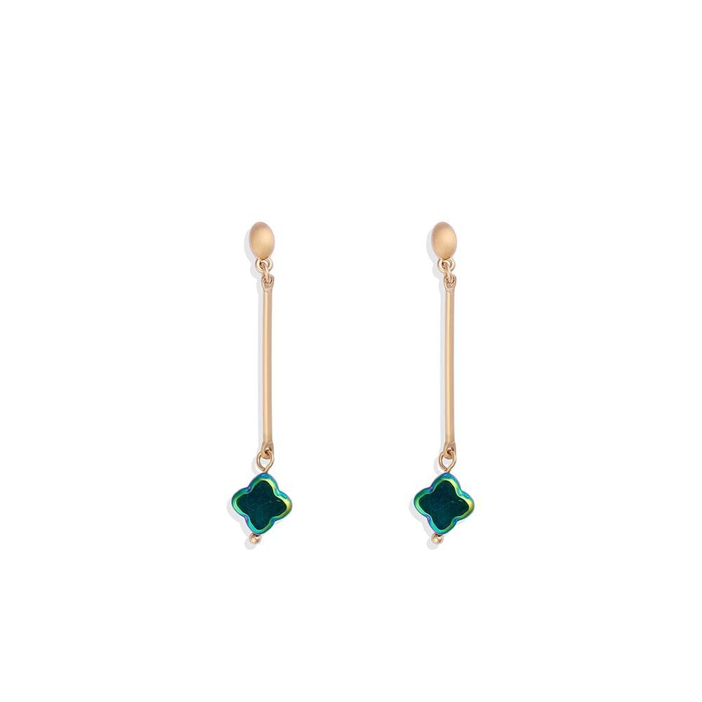 Metal Tone Bar Post Drop Earrings Featuring Translucent Clover Dangle JUDSON