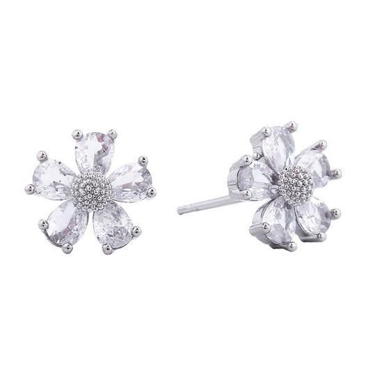 White Gold Dipped Cubic Zirconia Flower Stud Earrings Silver