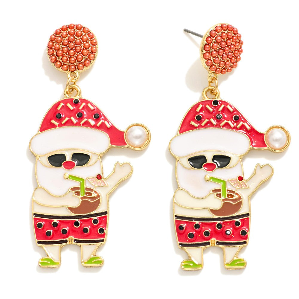 Enamel Tropical Santa Post Drop Earrings Featuring Pave Bead Post