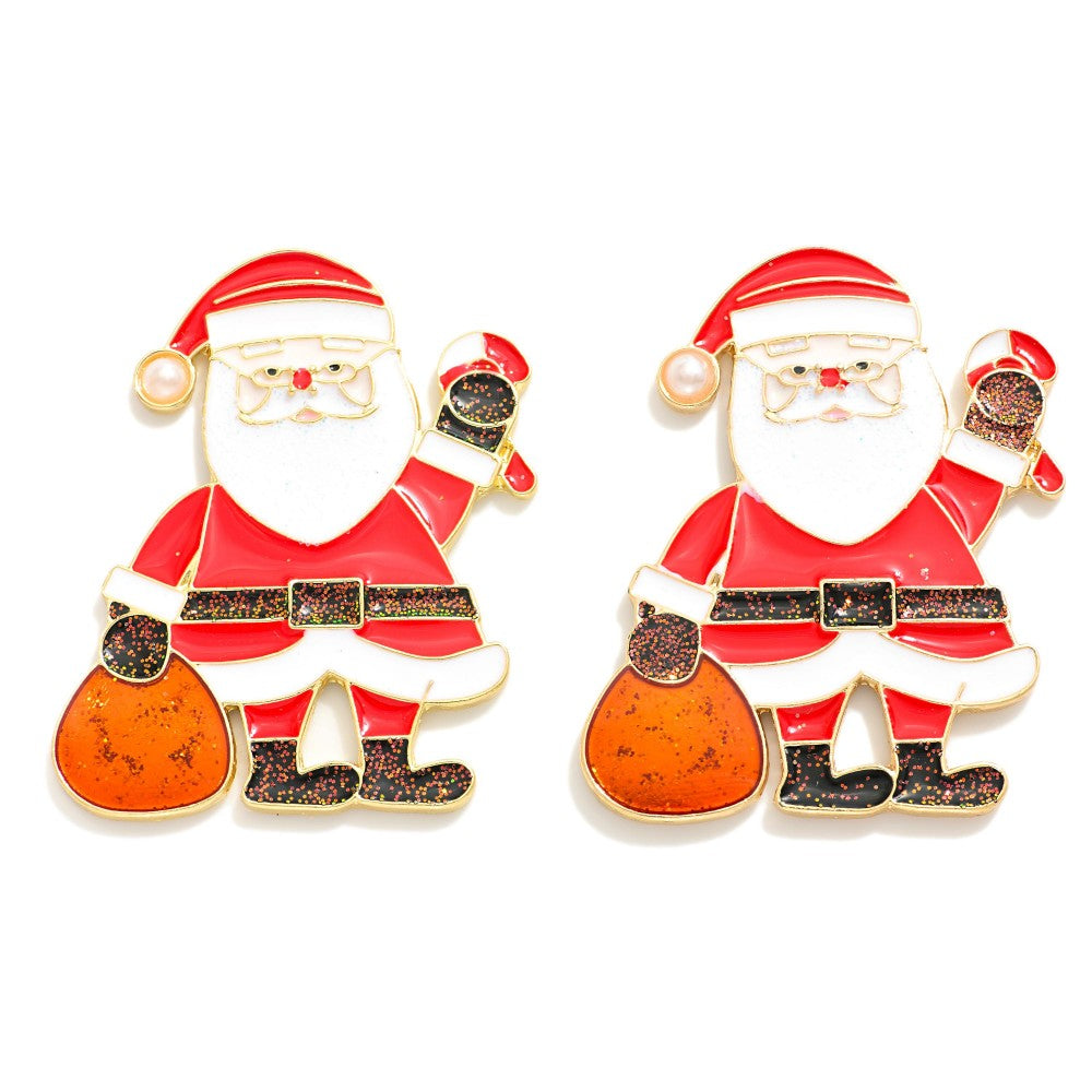 Enamel Glitter Santa Claus Post Drop Earrings