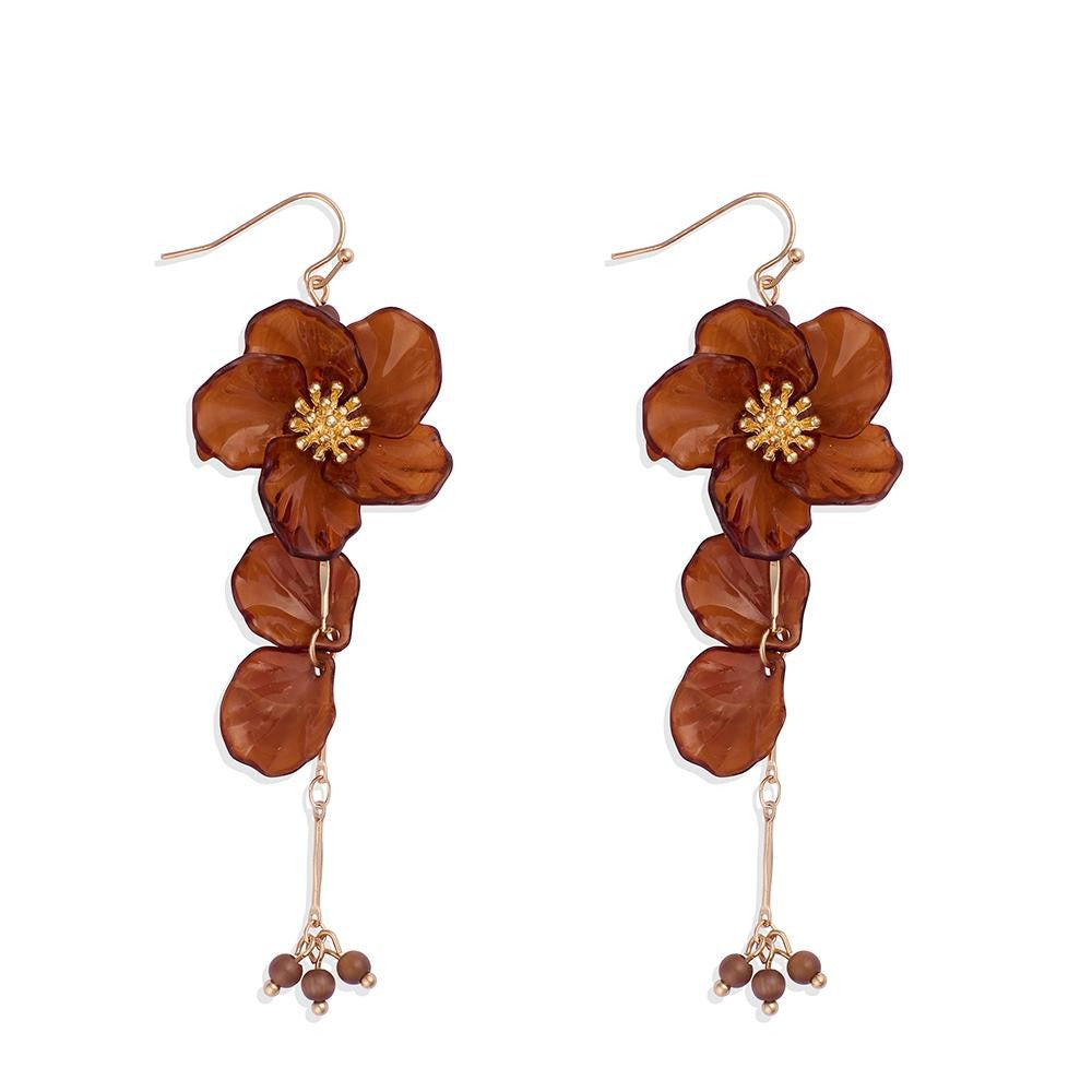 Acrylic Flower Drop Earrings With Linked Flower Petals & Beaded Accents Brown