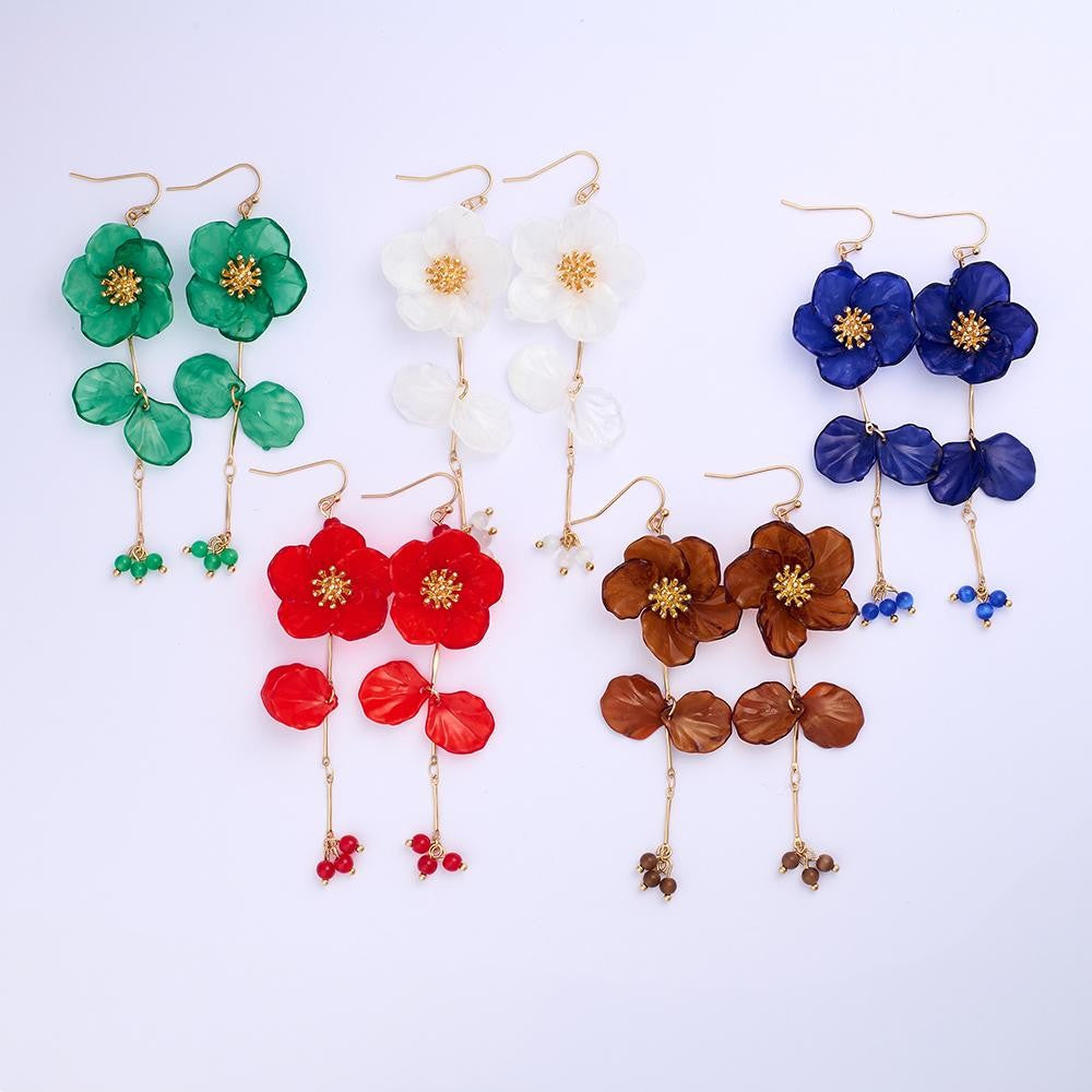 Acrylic Flower Drop Earrings With Linked Flower Petals & Beaded Accents